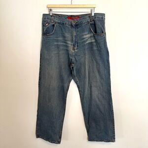 VTG Y2K Mecca Distressed Embroidered Baggy Denim Blue Jeans – 40 x 34